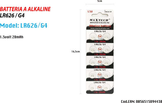 Pile-Batteria-Alkaline-Lr626/g4-1.5v-28mah-A-Bottone-Orologi-Telecomandi-Maxtech