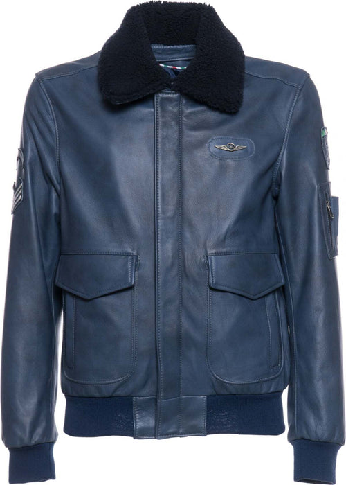 Pilota---Bomber-Uomo-Blu-in-vera-pelle-con-Stemmi-e-vero-collo-Shearling