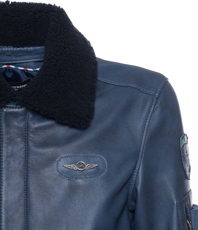 Pilota---Bomber-Uomo-Blu-in-vera-pelle-con-Stemmi-e-vero-collo-Shearling