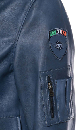 Pilota---Bomber-Uomo-Blu-in-vera-pelle-con-Stemmi-e-vero-collo-Shearling