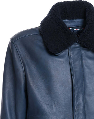 Pilota---Bomber-Uomo-Blu-in-vera-pelle-con-vero-collo-Shearling