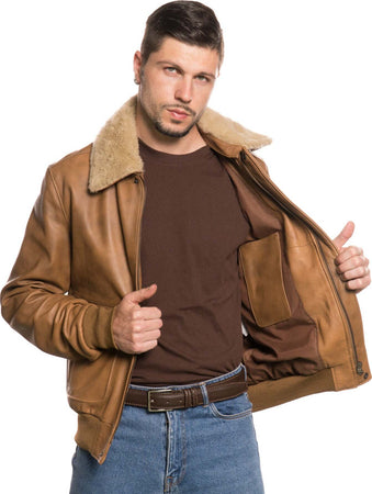 Pilota---Bomber-Uomo-Cuoio-in-vera-pelle-con-collo-in-vero-montone-Beige