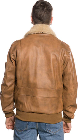 Pilota---Bomber-Uomo-Cuoio-in-vera-pelle-con-collo-in-vero-montone-Beige