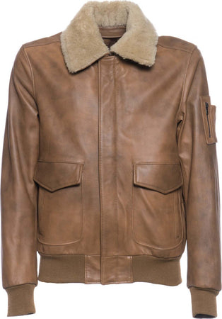Pilota---Bomber-Uomo-Cuoio-in-vera-pelle-con-collo-in-vero-montone-Beige
