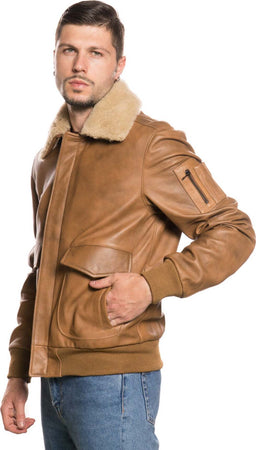 Pilota---Bomber-Uomo-Cuoio-in-vera-pelle-con-collo-in-vero-montone-Beige