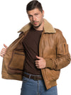 Pilota---Bomber-Uomo-Cuoio-in-vera-pelle-con-collo-in-vero-montone-Beige
