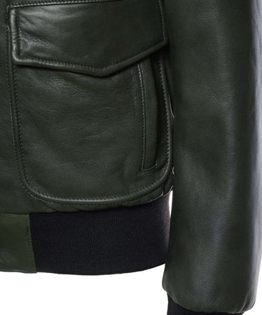 Pilota---Bomber-Uomo-Verde-in-vera-pelle-con-collo-in-vero-montone-nero