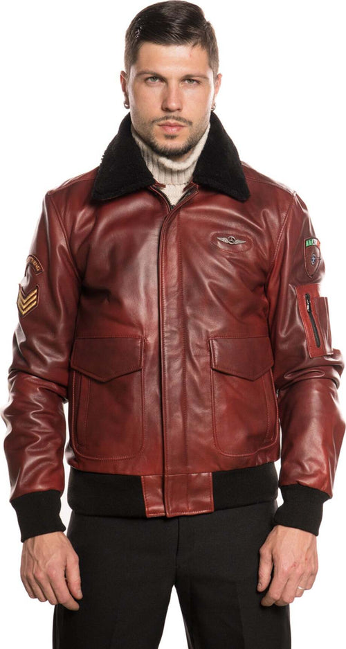 Pilota-Aviatore---Bomber-Uomo-Bordeaux-in-vera-pelle-con-Stemmi-e-collo-in-montone