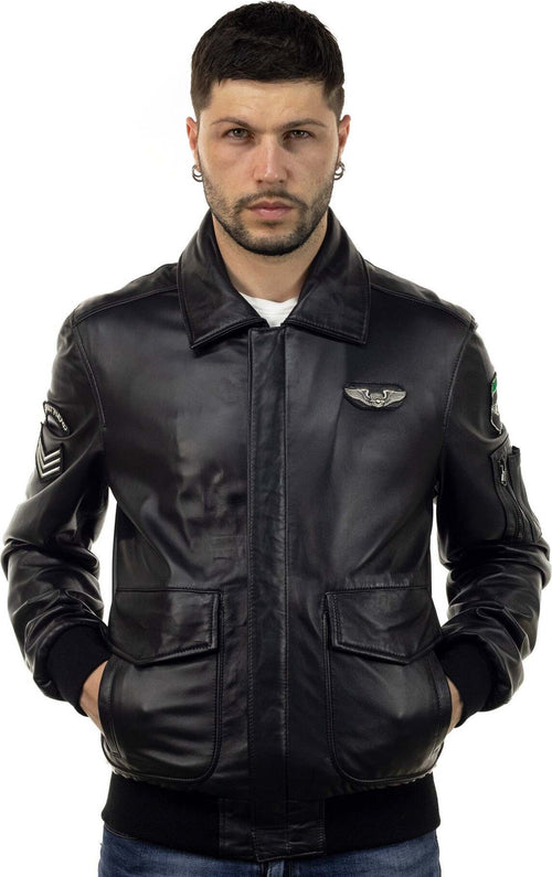 Pilota-Aviatore---Bomber-Uomo-Nero-con-Stemmi-in-vera-pelle