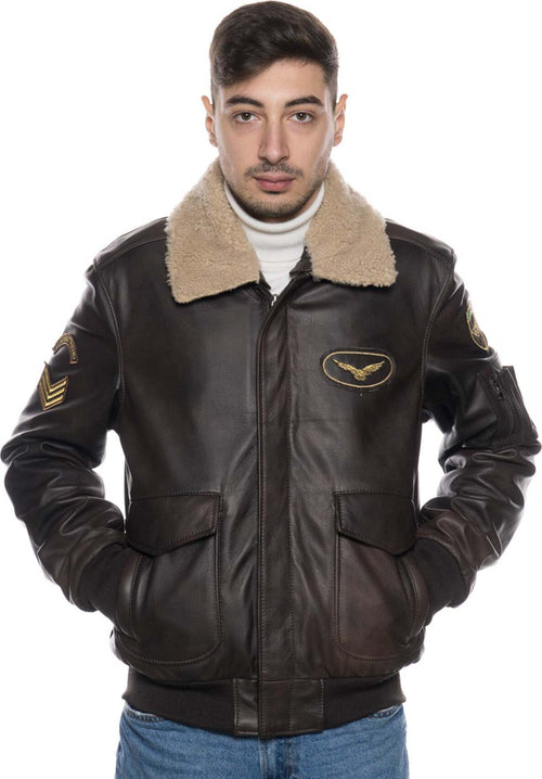 Pilota-Aviatore---Bomber-Uomo-Testa-di-Moro-in-vera-pelle-con-Stemmi-e-collo-in-montone