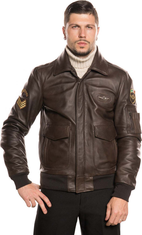 Pilota-Aviatore---Bomber-Uomo-Testa-di-Moro-in-vera-pelle-con-Stemmi