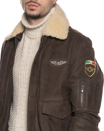 Pilota-Aviatore---Bomber-Uomo-Testa-di-Moro-in-vera-pelle-Nabuk-con-Stemmi-e-collo-in-montone