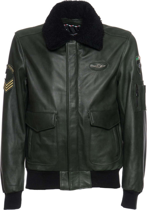 Pilota-Aviatore---Bomber-Uomo-Verde-in-vera-pelle-con-Stemmi-e-collo-in-montone