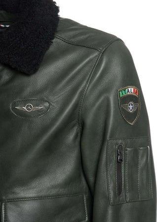 Pilota-Aviatore---Bomber-Uomo-Verde-in-vera-pelle-con-Stemmi-e-collo-in-montone