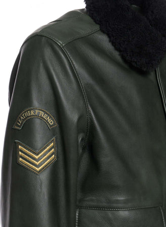 Pilota-Aviatore---Bomber-Uomo-Verde-in-vera-pelle-con-Stemmi-e-collo-in-montone