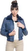Pilota-Donna---Bomber-Donna-Blu-in-vera-pelle-con-collo-in-vero-montone-Blu