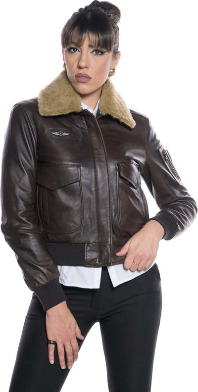 Pilota-Donna---Bomber-Donna-Testa-di-Moro-in-vera-pelle-con-collo-in-vero-montone-cuoio