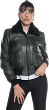 Pilota-Donna---Bomber-Donna-Verde-in-vera-pelle-con-collo-in-vero-montone-Nero