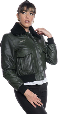 Pilota-Donna---Bomber-Donna-Verde-in-vera-pelle-con-collo-in-vero-montone-Nero