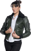 Pilota-Donna---Bomber-Donna-Verde-in-vera-pelle-con-collo-in-vero-montone-Nero