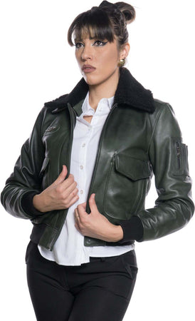 Pilota-Donna---Bomber-Donna-Verde-in-vera-pelle-con-collo-in-vero-montone-Nero