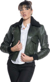 Pilota-Donna---Bomber-Donna-Verde-in-vera-pelle-con-collo-in-vero-montone-Nero