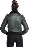Pilota-Donna---Bomber-Donna-Verde-in-vera-pelle-con-collo-in-vero-montone-Nero