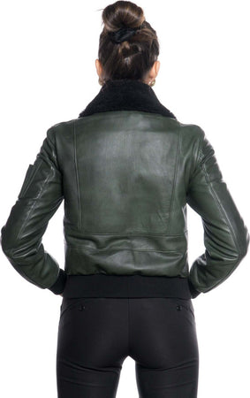 Pilota-Donna---Bomber-Donna-Verde-in-vera-pelle-con-collo-in-vero-montone-Nero