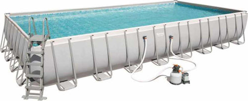 Piscina rettangolare 956 x 488 cm h132 con filtro a sabbia e scaletta da giardino e veranda