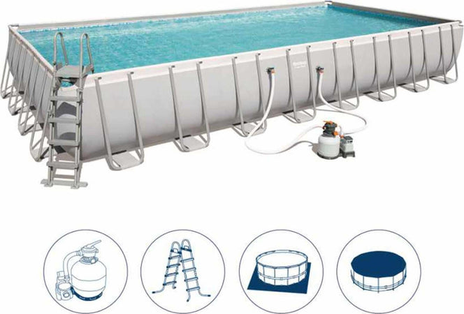 Piscina rettangolare 956 x 488 cm h132 con filtro a sabbia e scaletta da giardino e veranda