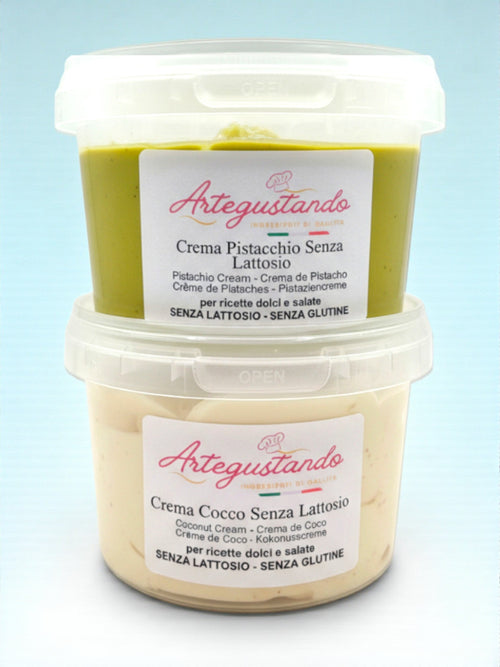 Kit Creme Spalmabili – Pistacchio Senza Lattosio + Cocco Senza Glutine – 500g x 2