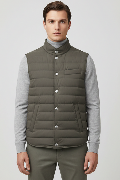 Smanicato Uomo Brunello Cucinelli Nylon Verde Militare - Piumino Leggero Lusso Italiano