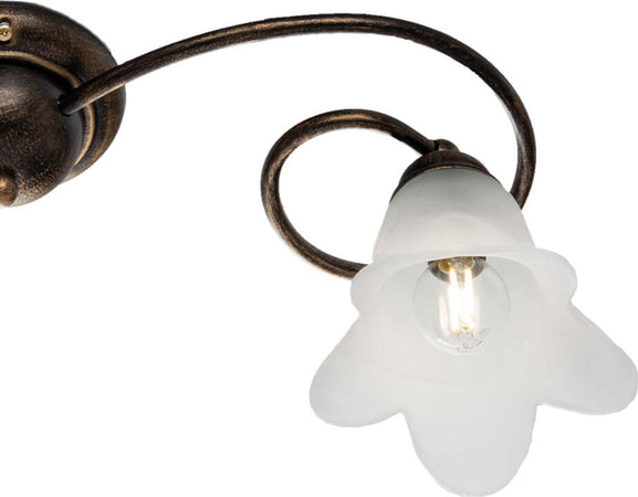 Plafoniera-2-Luci-Alice-Ferro-Battuto-Marrone-E-Oro-Vetro-Bianco
