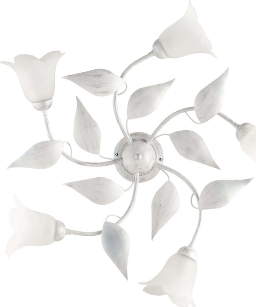 Plafoniera-5-Luci-Olga-Ferro-Battuto-E-Vetro-Bianco-E-Argento