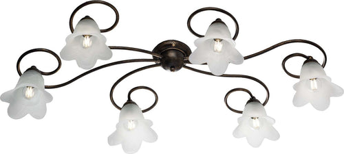 Plafoniera-6-Luci-Alice-Ferro-Battuto-Marrone-E-Oro-Vetro-Bianco