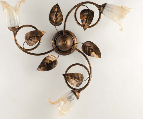 Plafoniera-Classica-3-Luci-con-Foglie-Ferro-Battuto-e-Vetro-Bronzo-Serie-Limone