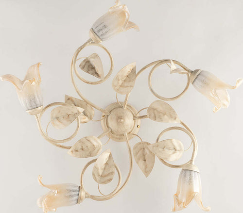 Plafoniera-Classica-5Luci-Foglie-in-Ferro-Battuto-Vetro-Avorio-Oro-Serie-Limone