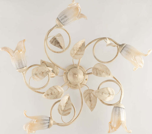 Plafoniera-Classica-5Luci-Foglie-in-Ferro-Battuto-Vetro-Avorio-Oro-Serie-Limone