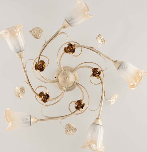 Plafoniera-Classica-Arte-Povera-5-Luci-Ferro-Battuto-Avorio-e-Oro-Serie-Cestino