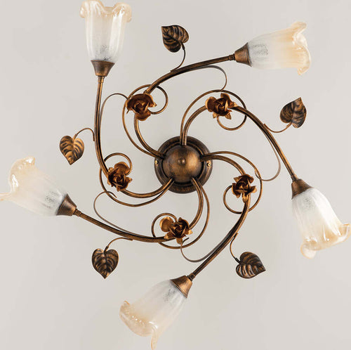 Plafoniera-Classica-Arte-Povera-5-Luci-Ferro-Battuto-Marrone-e-Oro-Serie-Cestino