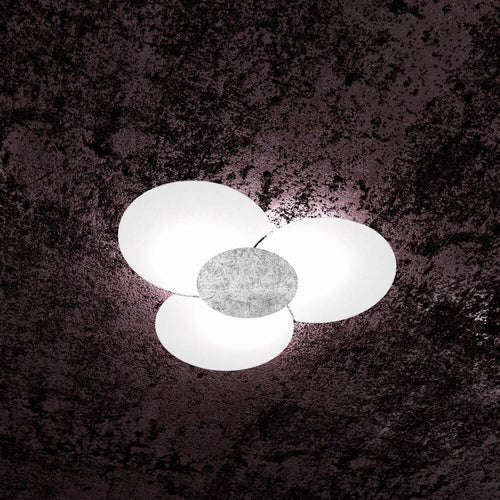 Plafoniera-Contemporanea-Clover-Met.-Foglia-Argento-Vetro-Bianco-6-Luci-E27-70Cm