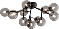 Plafoniera-Contemporanea-Dallas-Metallo-Nero-12-Luci-Diffusori-Vetro-Nero-Specchiato