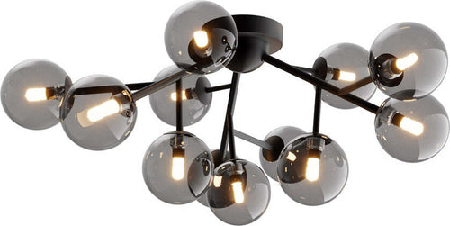 Plafoniera-Contemporanea-Dallas-Metallo-Nero-12-Luci-Diffusori-Vetro-Nero-Specchiato