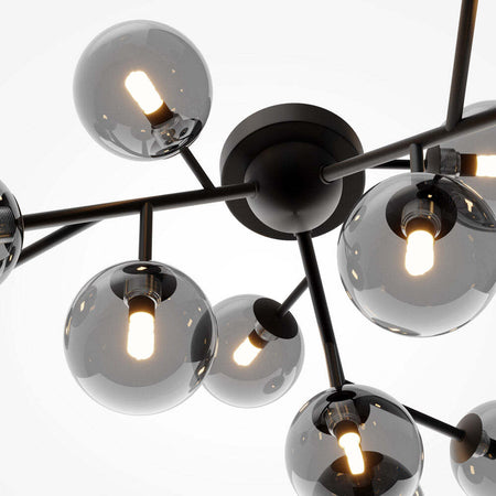 Plafoniera-Contemporanea-Dallas-Metallo-Nero-12-Luci-Diffusori-Vetro-Nero-Specchiato