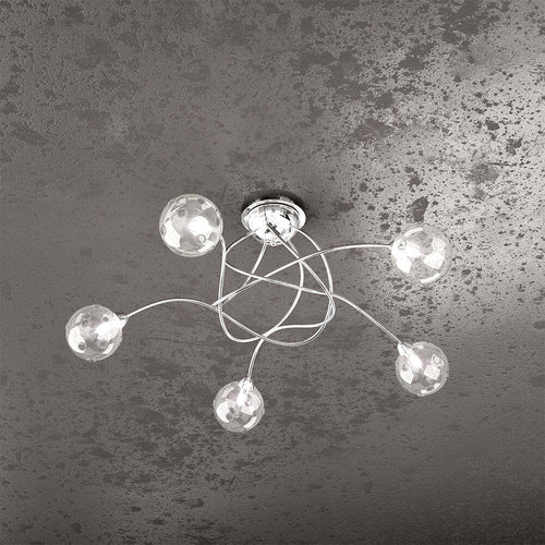 Plafoniera-Contemporanea-Super-Ball-Metallo-Cromo-Vetro-Pirex-5-Luci-G9