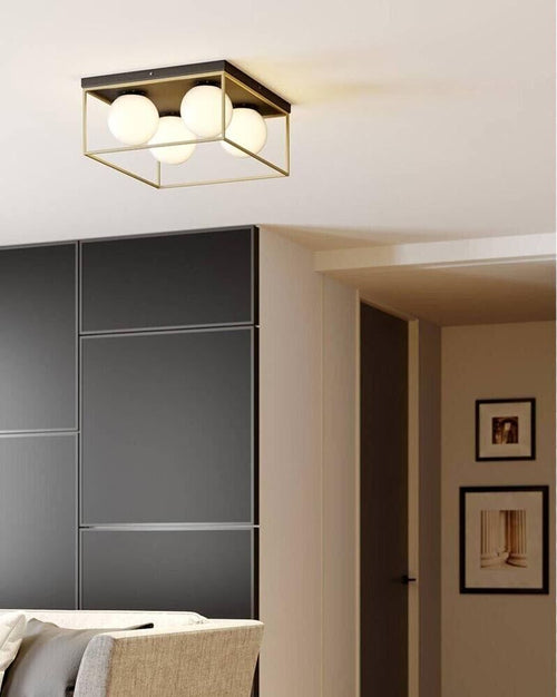 Plafoniera-Da-Soffitto-4-X-Sfera-In-Vetro-Bianco-Lampadario-Metallo-Nero-Bronzo-Kovalmax