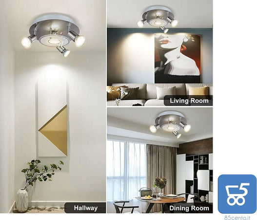 Plafoniera Faretto Soffitto 4 Vie Piastra Rotonda con 4 lampadine GU10 3000K 5W Bianco Caldo 950 LM