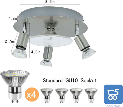 Plafoniera Faretto Soffitto 4 Vie Piastra Rotonda con 4 lampadine GU10 3000K 5W Bianco Caldo 950 LM