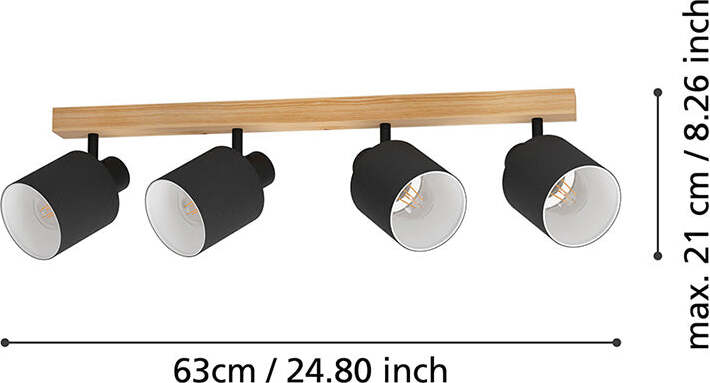 Plafoniera-Industrial-Batallas-4-Luci-Legno-Marrone-E-Nero