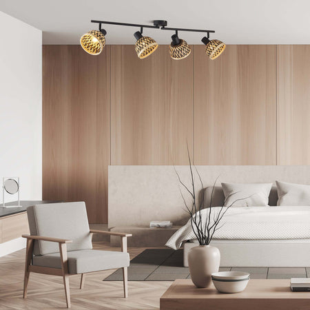 Plafoniera-Industrial-Nordico-Lancia-Acciaio-Nero-Legno-Marrone-4-Luci-E14